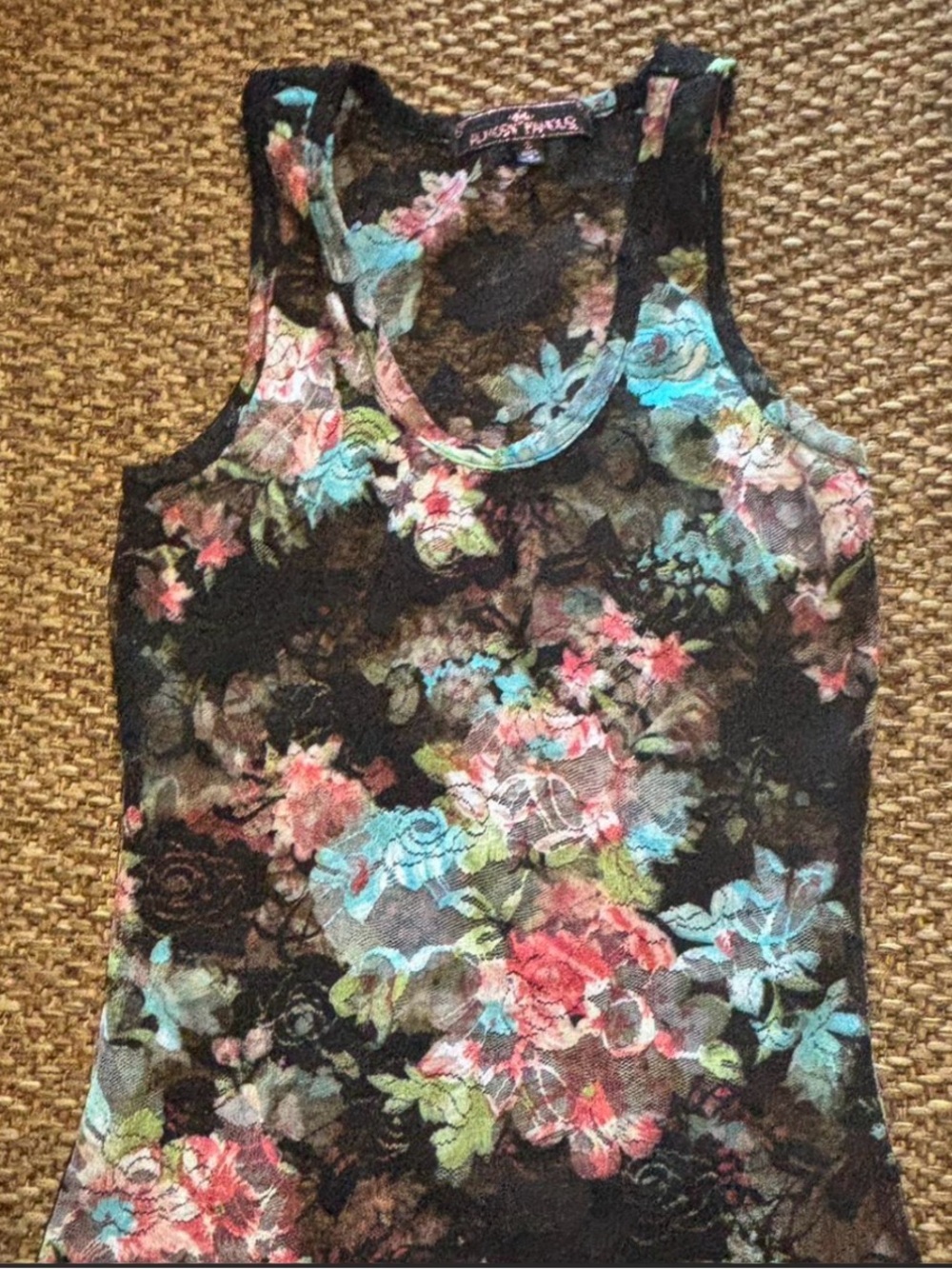 Almost Famous Black Floral Lace Tank with Blue, Pink and Green Accents